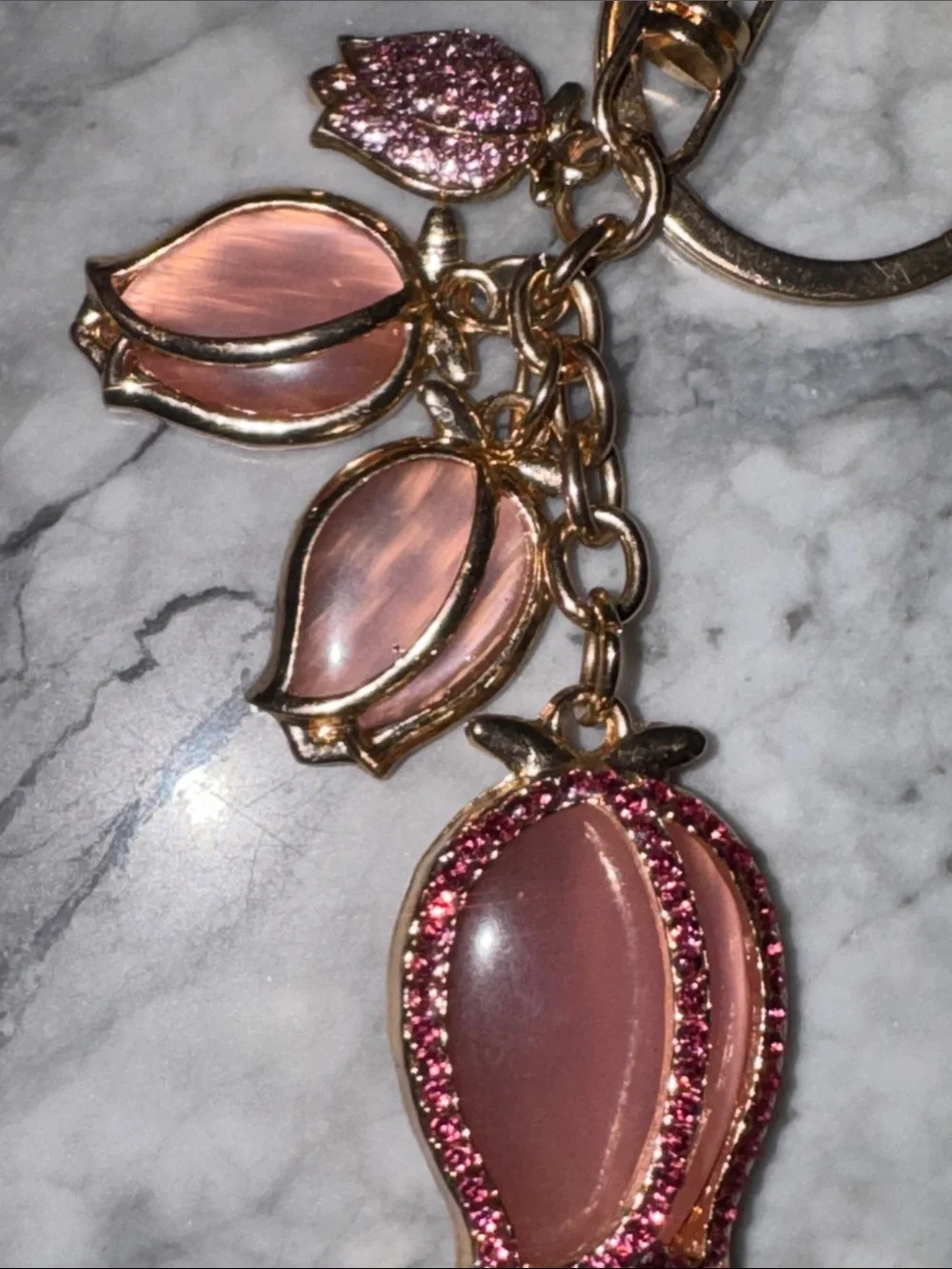 Gold-Tone Pink Floral Charm Keyring